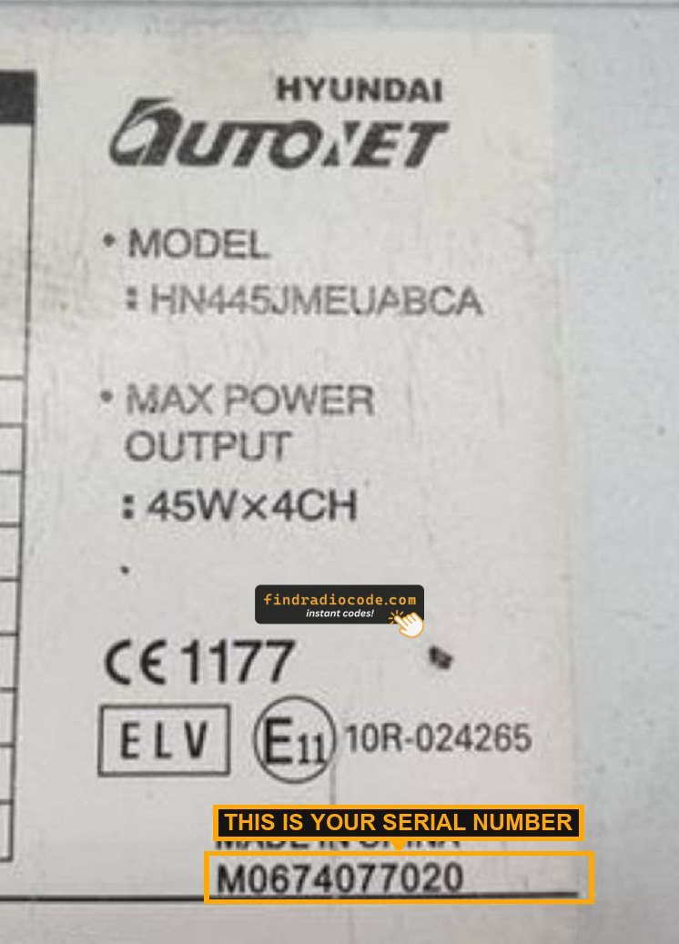 Hyundai Autonet HN445 radio label showing the M0 serial number